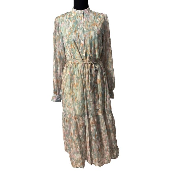 Spring & Mercer Watercolor Chiffon Midi Prairie Dress Small Long Sleeve NEW - Picture 7 of 16